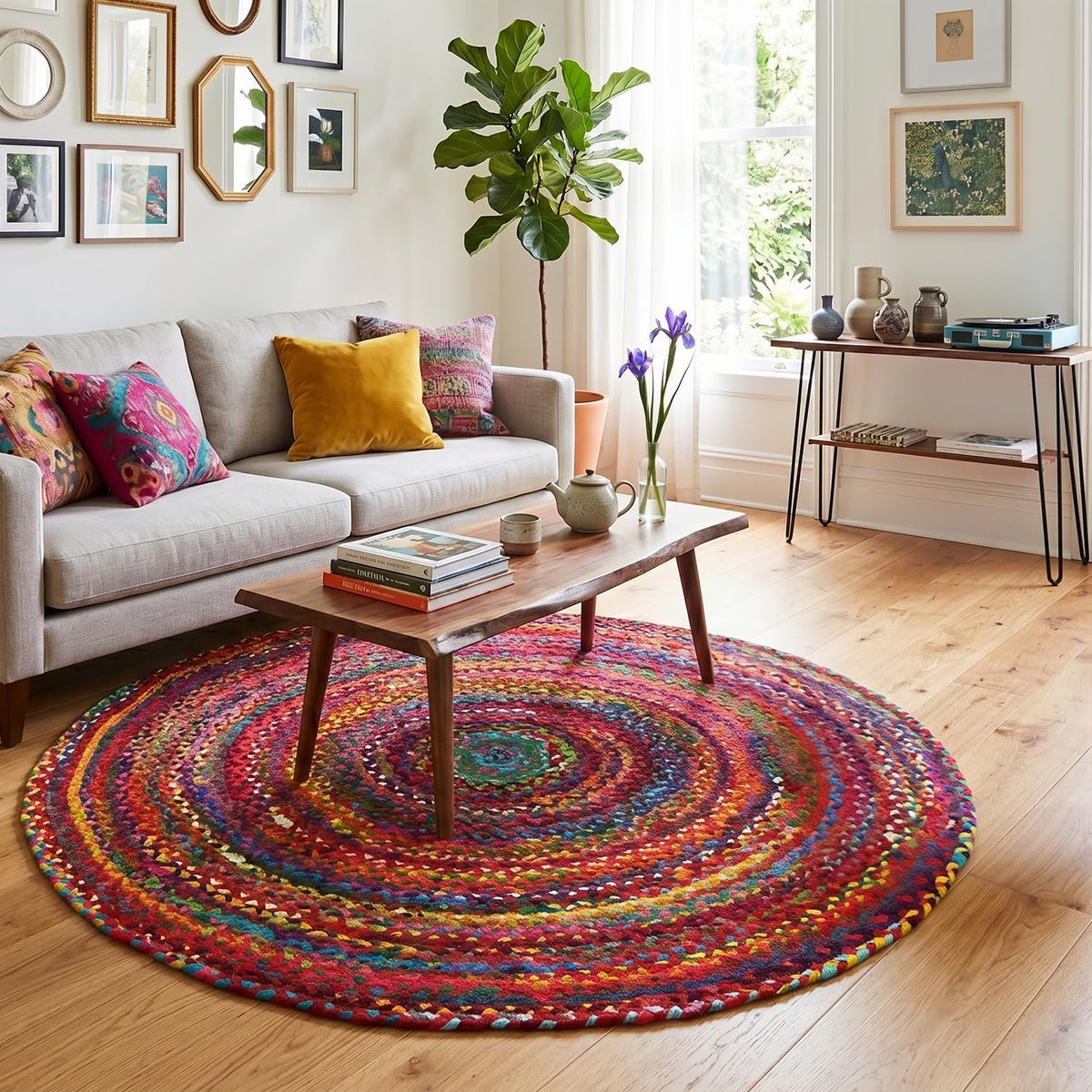 Hand‑Woven Jute Cotton Round Area Rug