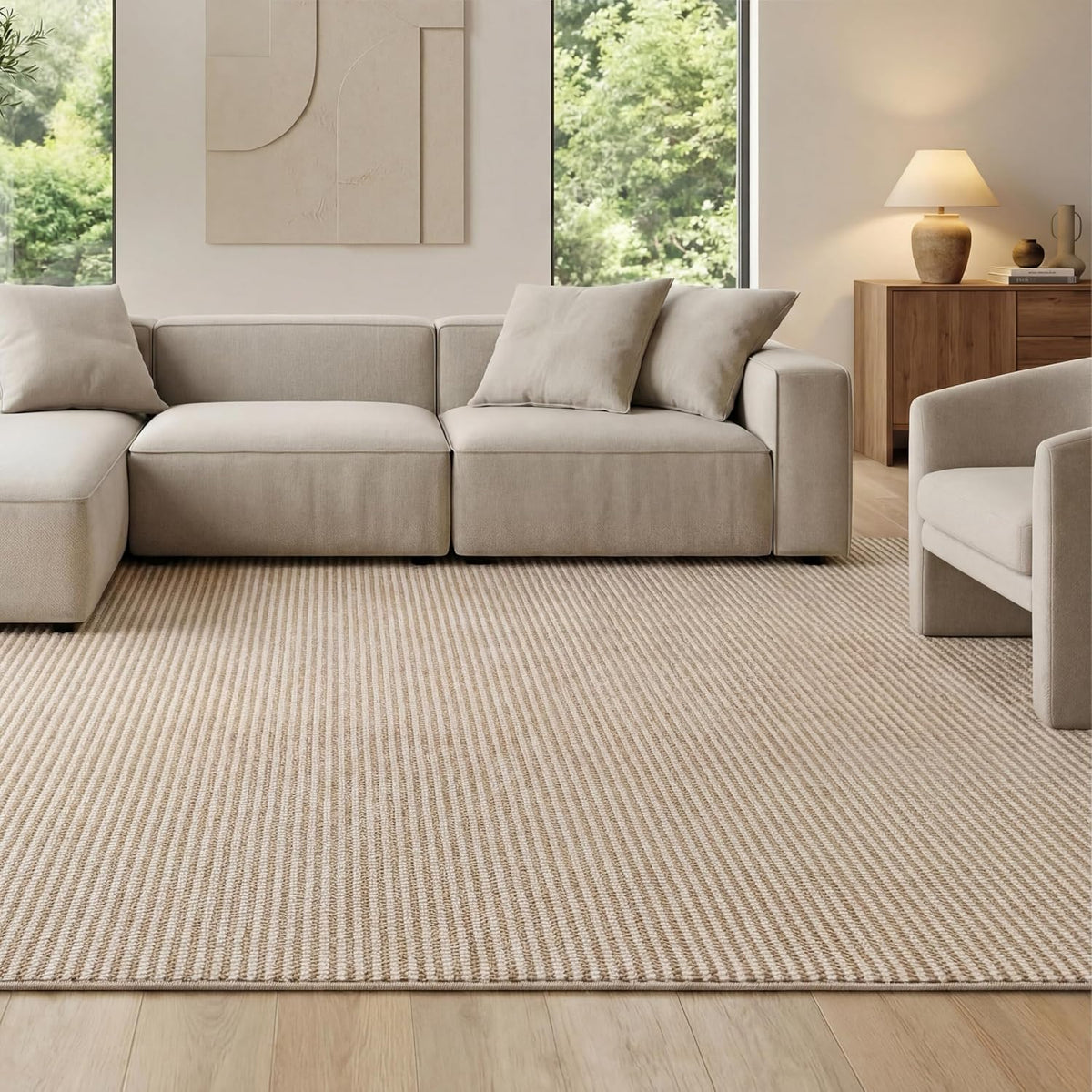 Washable Beige Faux‑Wool Area Rug