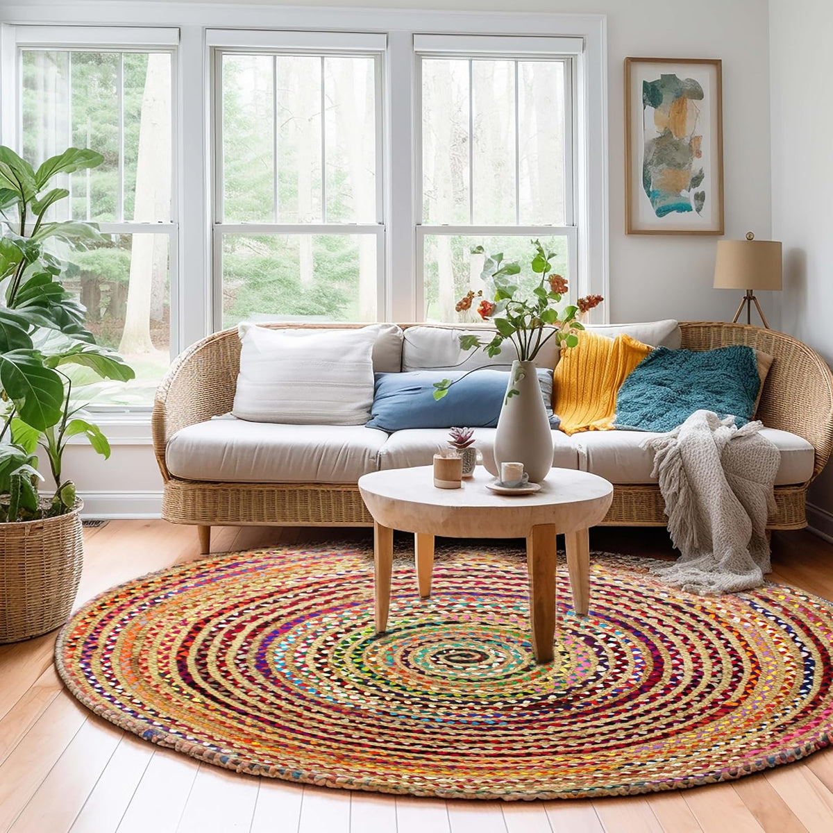 Multi‑Color Braided Jute Round Area Rug