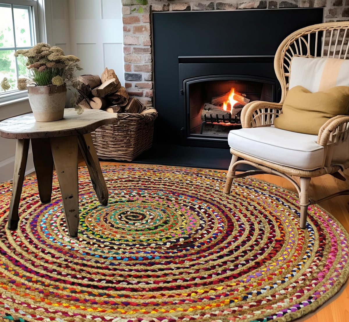 Multi‑Color Braided Jute Round Area Rug