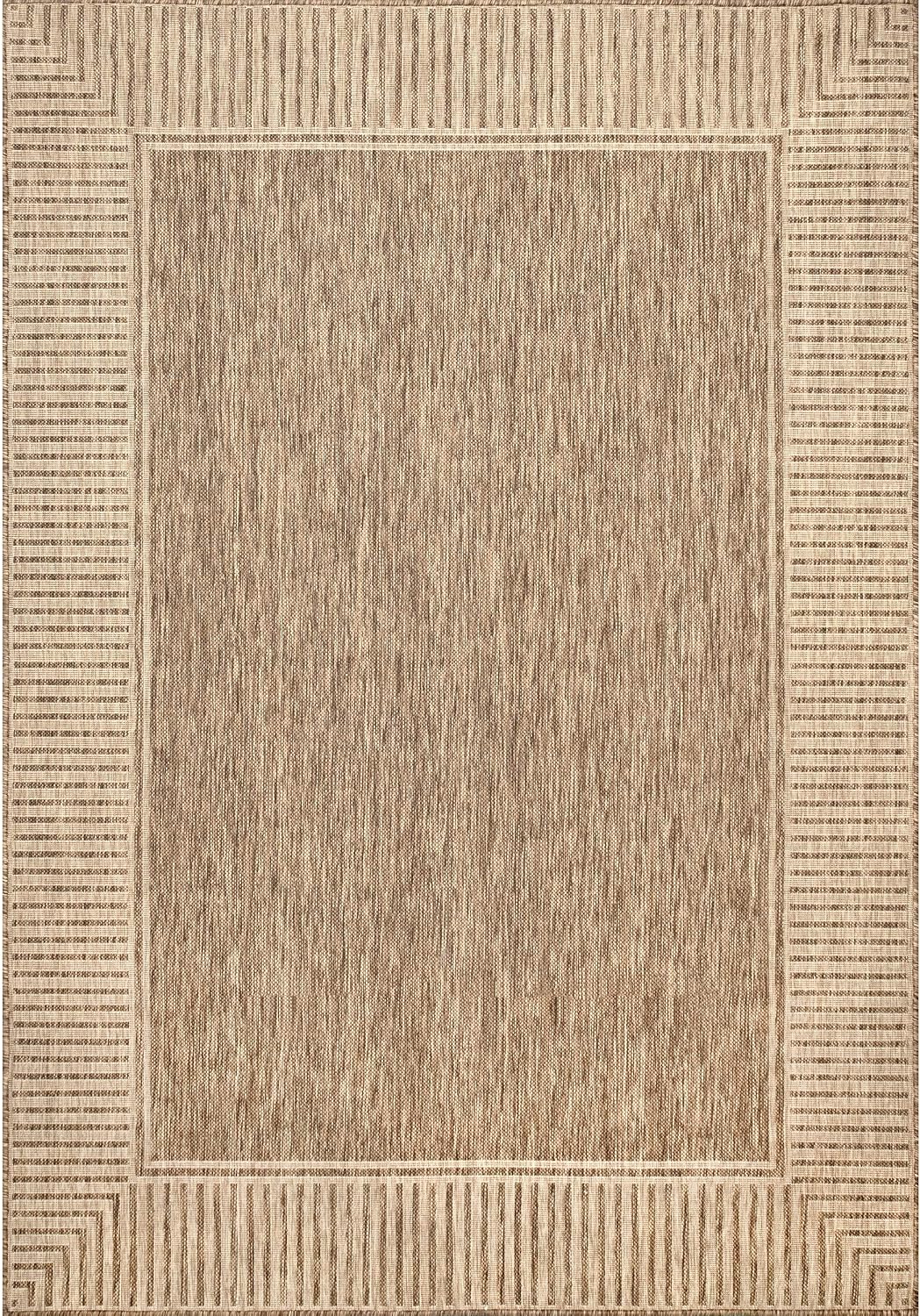 Bordered Indoor‑Outdoor Light Brown Area Rug
