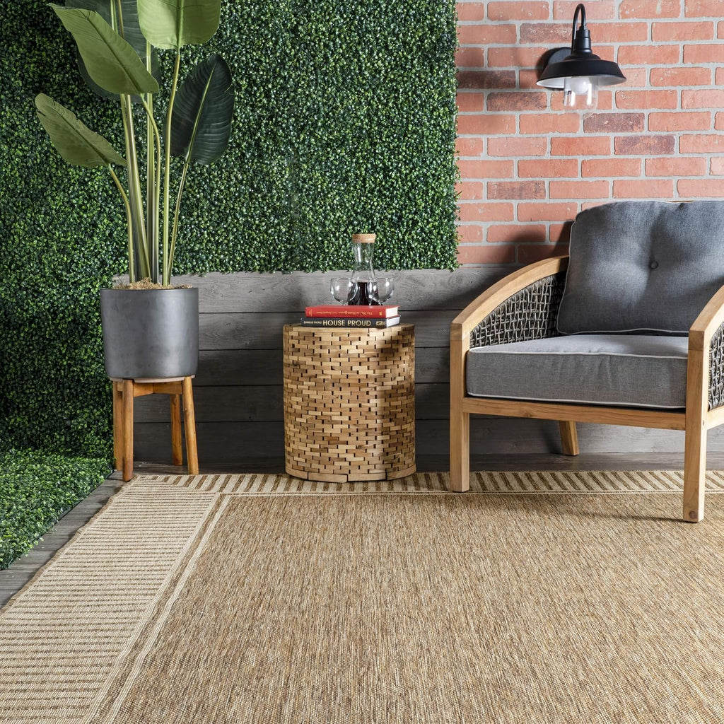 Bordered Indoor‑Outdoor Light Brown Area Rug