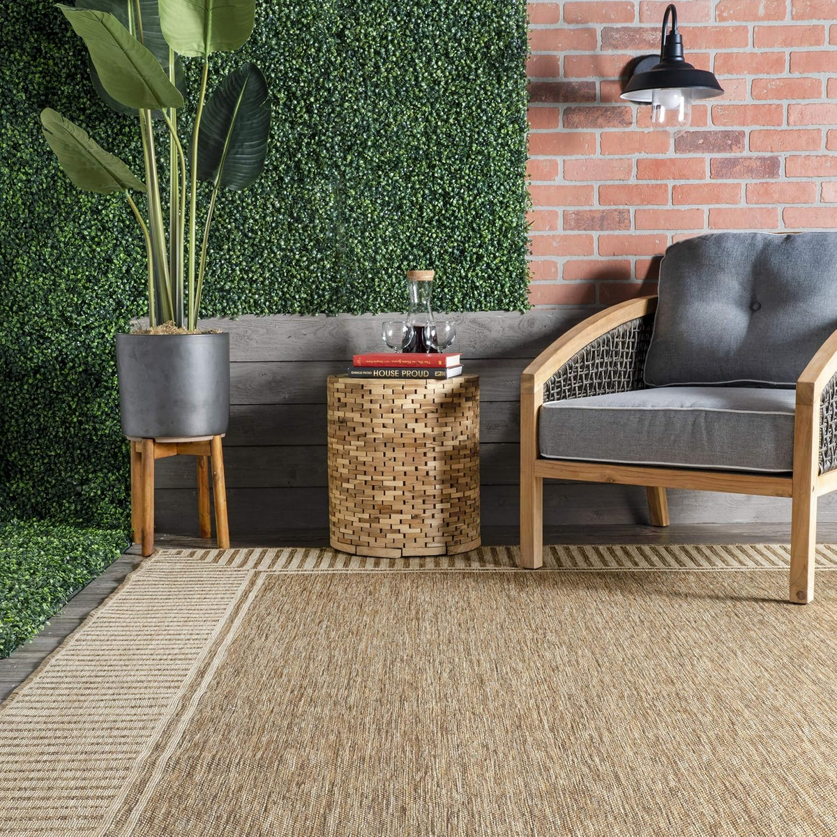 Bordered Indoor‑Outdoor Light Brown Area Rug